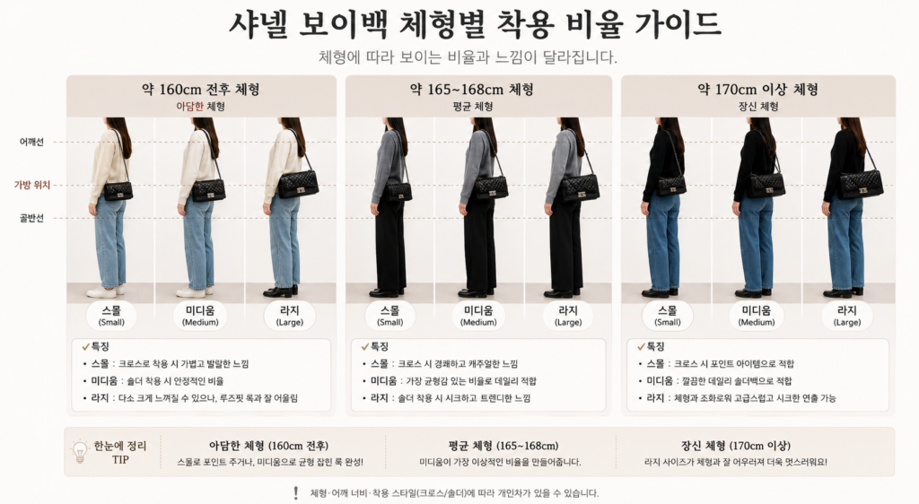 샤넬 보이백 체형별 착용 비율 가이드 - 160cm 165cm 170cm 키별 스몰 미디움 라지 비율 비교