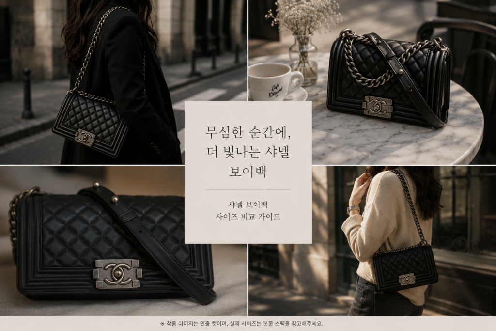 샤넬 보이백 미디움 스타일링 가이드 - 블랙 코트와 도시적인 데일리 룩 착용 분위기