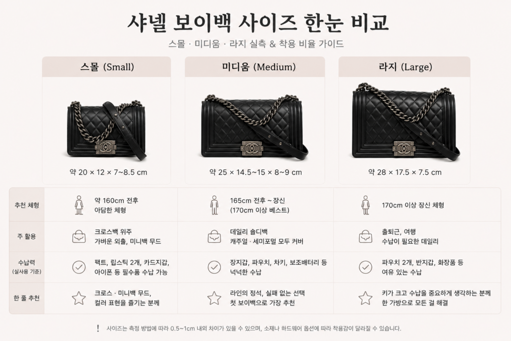 샤넬 보이백 사이즈 비교 - 스몰 미디움 라지 실측 및 착용 비율 가이드