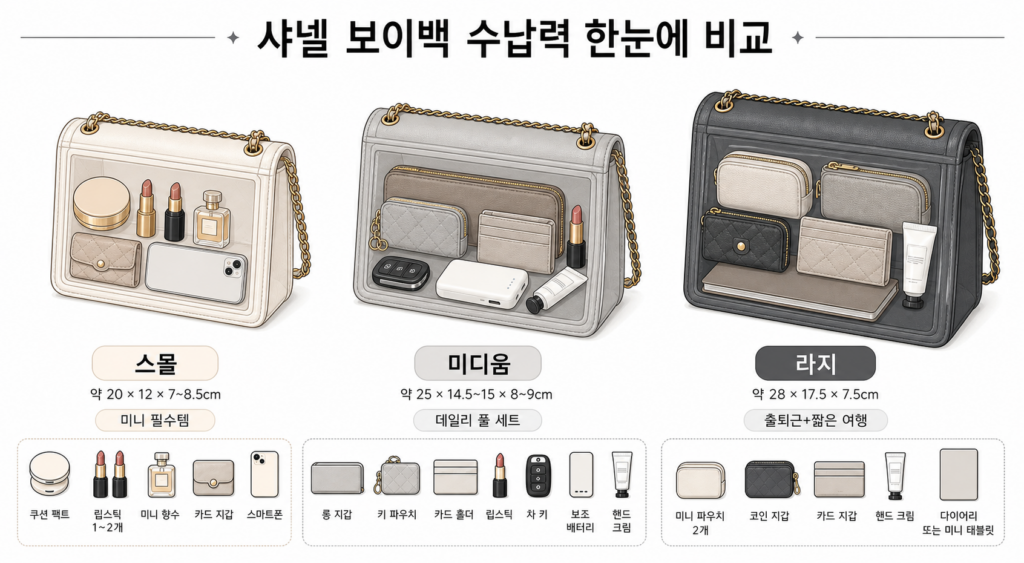 샤넬 보이백 수납력 한눈 비교 - 스몰 미디움 라지 사이즈별 실사용 수납 가능 아이템