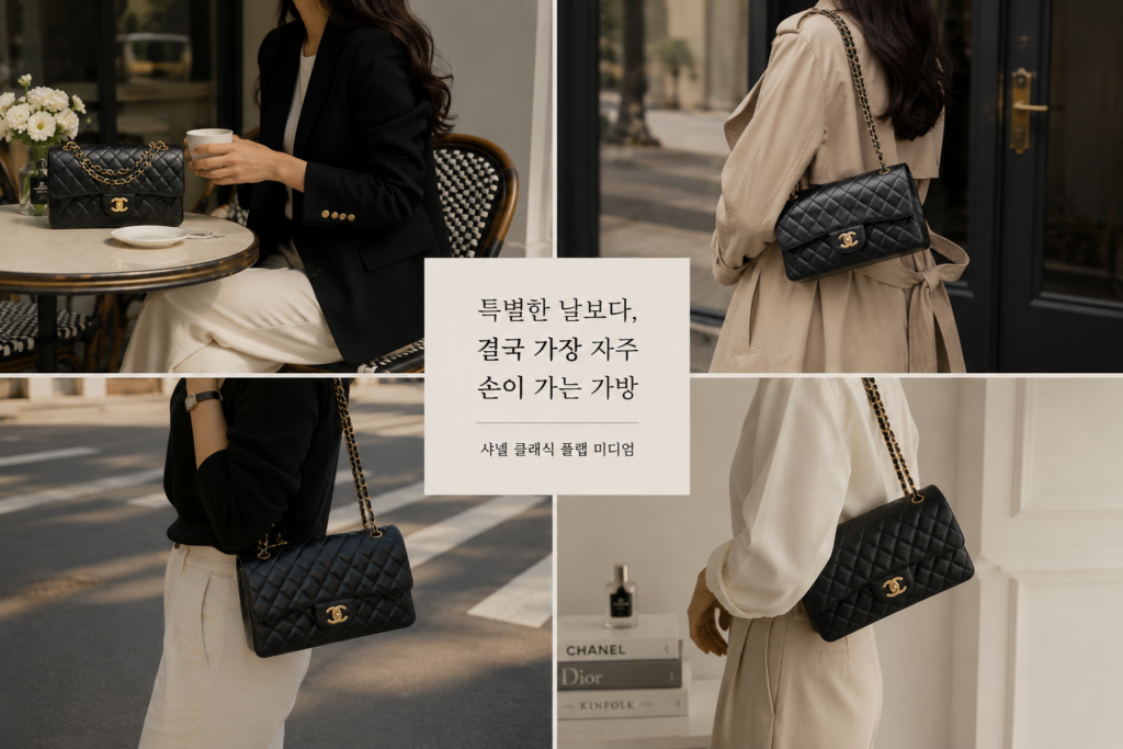 샤넬 클래식 플랩 미디엄 데일리 착용 분위기와 스타일링 감성 이미지