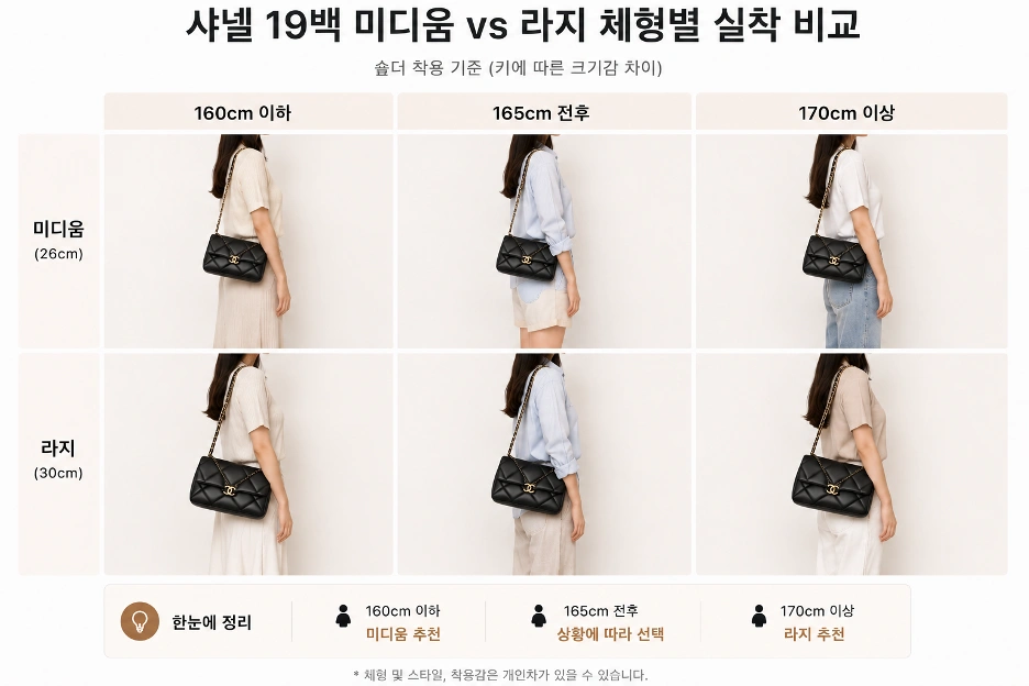 샤넬 19백 미디움 라지 체형별 실착 비교 160cm 165cm 170cm