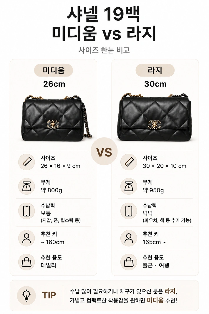 샤넬 19백 미디움 라지 사이즈 비교 인포그래픽