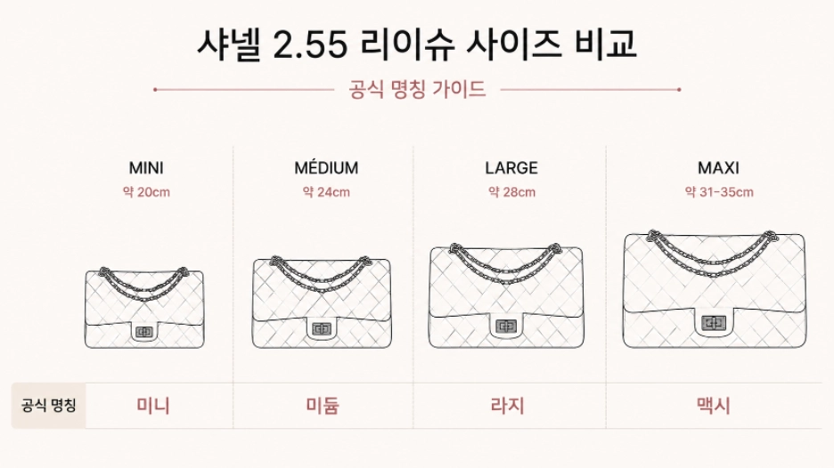 샤넬 2.55 리이슈 사이즈 공식 명칭 비교 — 미니 미듐 라지 맥시 실측 가이드 2026