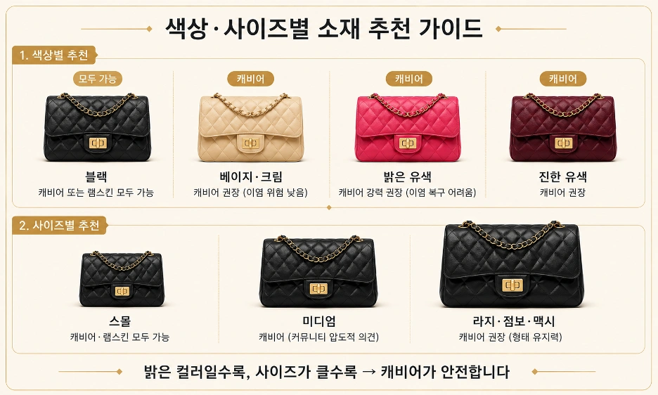 샤넬 캐비어 램스킨 색상·사이즈별 소재 추천 가이드 인포그래픽 2026