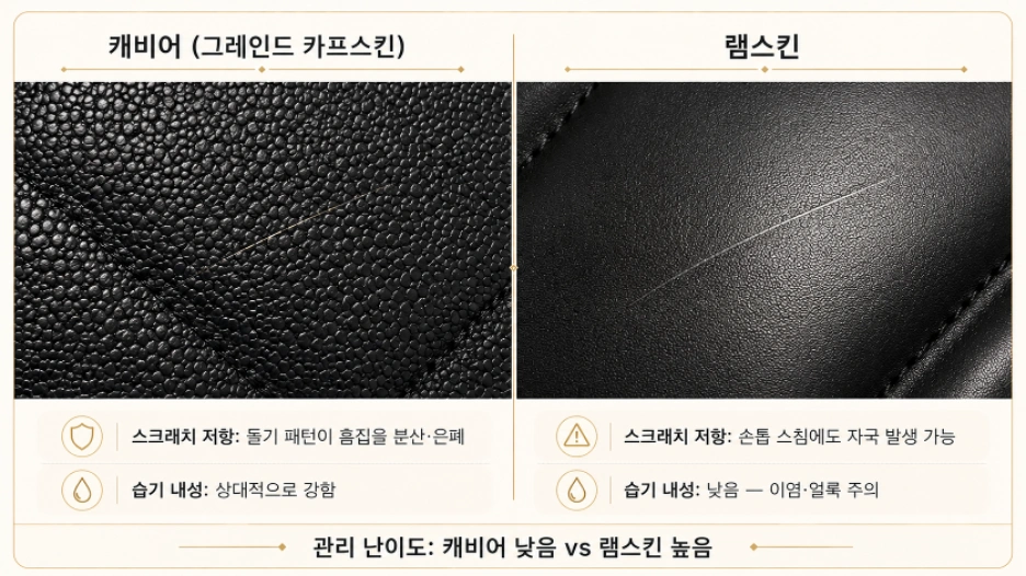 샤넬 캐비어 vs 램스킨 스크래치 내성 및 관리 난이도 비교 인포그래픽 2026