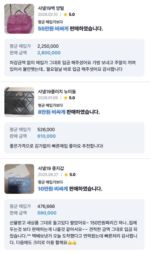 크리 플랫폼 샤넬 19 라인 실제 거래 후기 — 평균 매입가 대비 판매 사례